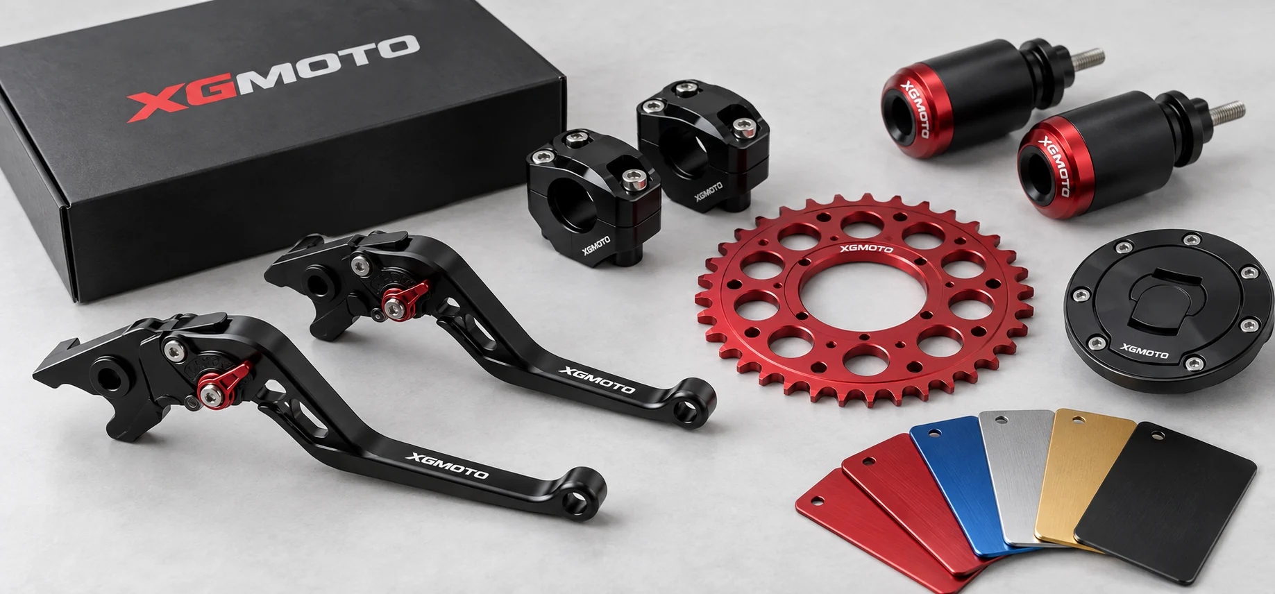 Customization concept showing branded packaging, motorcycle parts and finish swatches